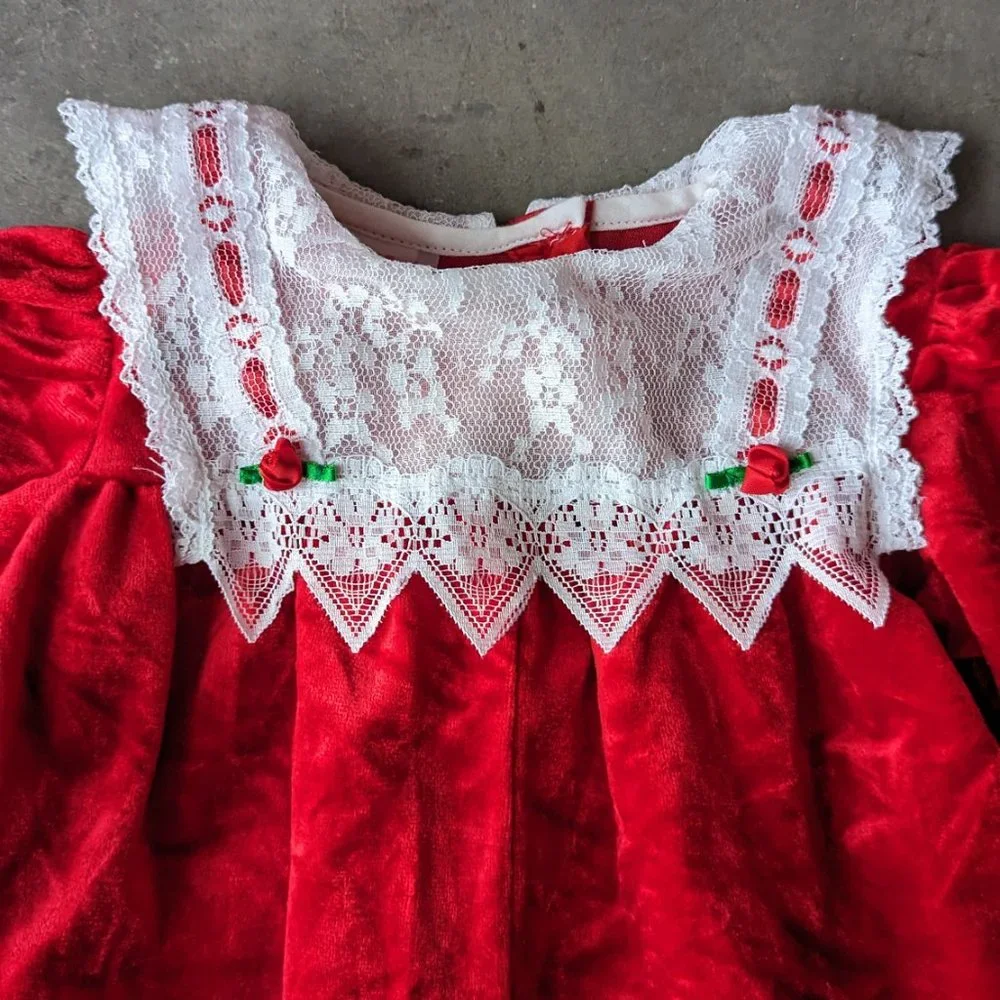 Vintage 80s Christmas One-Piece Romper Red Velour Lace Yoke Holiday size 6-9M